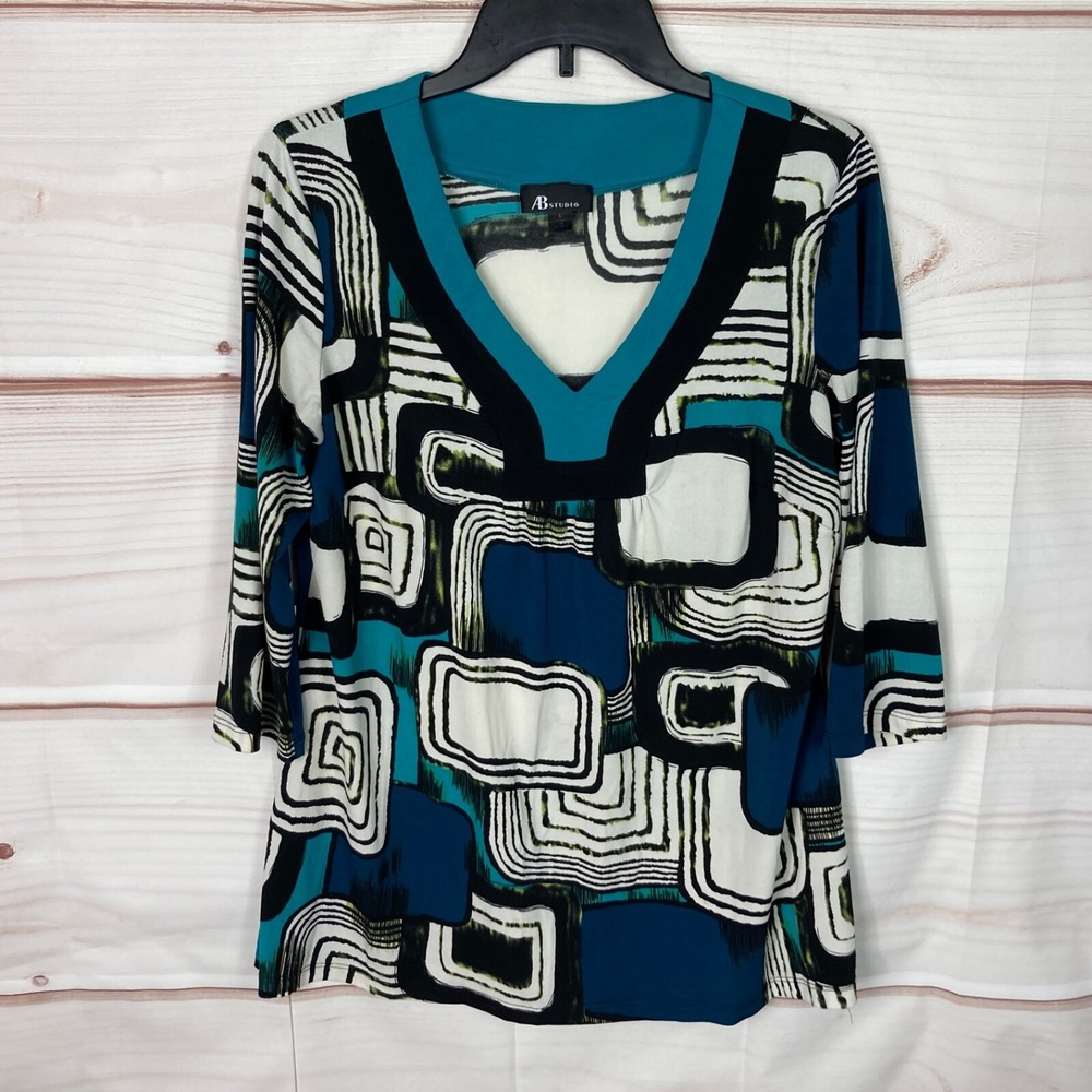 AB Studio Top Womens L Multicolor Geometric Blouse V-Neck 3/4 Sleeve Pullover